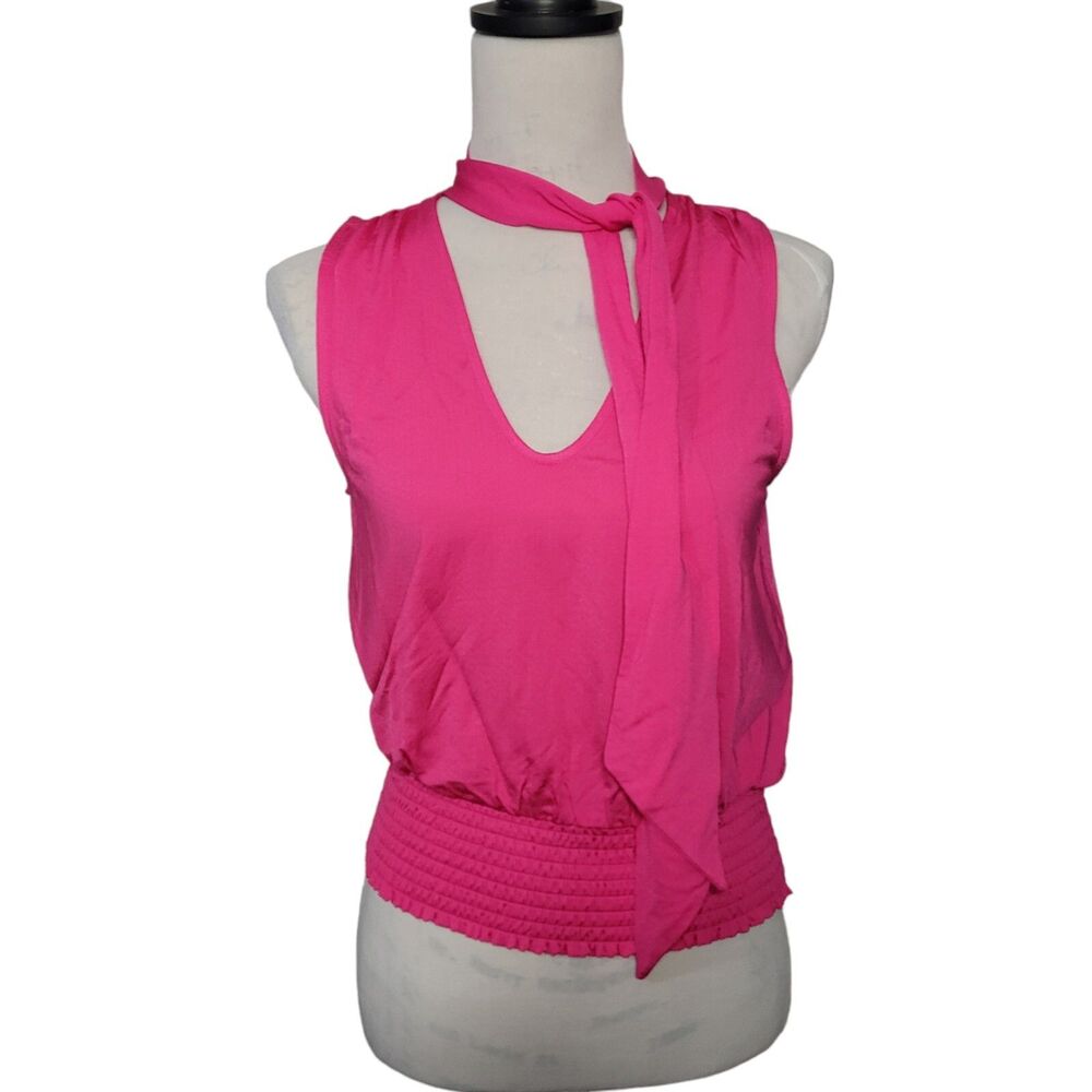 Anthropologie Ruffle Bow Tie Neck Raspberry Pink Sleeveless Blouse Size XSmall